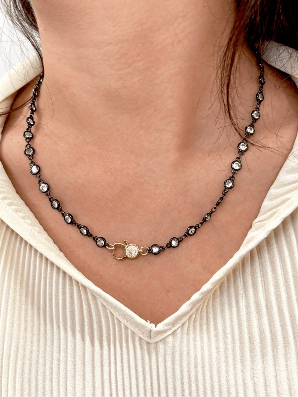 Freida Rothman Lumi Bezel Chain Necklace Black Rhodium and Gold New in Box